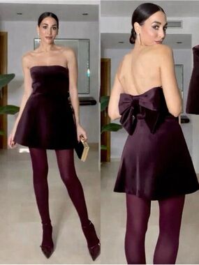 NWT ZARA NEW SHORT Strapless  VELVET BOW DRESS BURGUNDY Size XXL